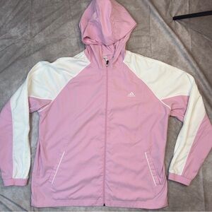 Adidas Pink & White 3-Stripe Windbreaker Hooded Track Jacket - Size XL